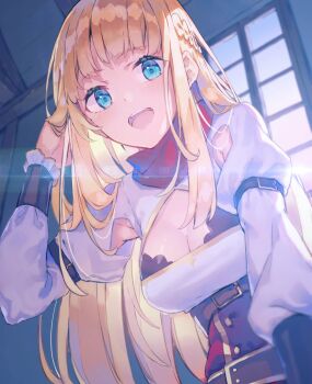 Rule 34 | 1girl, absurdres, blonde hair, blue eyes, bra, bra peek, braid, breasts, cleavage cutout, clothing cutout, commentary request, corset, dress, half up braid, hand in own hair, highres, indoors, large breasts, lens flare, long hair, long sleeves, official art, red corset, red scarf, rit (shin no nakama), scarf, second-party source, shin no nakama janai to yuusha no party wo oidasareta no de henkyou de slow life suru koto ni shimashita, solo, underwear, upper body, white dress, window, yasumo (kuusouorbital)