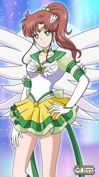 1girl adult_swim angel_wings bishoujo_senshi_sailor_moon bishoujo_senshi_sailor_moon_r bishoujo_senshi_sailor_moon_r:_the_movie bishoujo_senshi_sailor_moon_s bishoujo_senshi_sailor_moon_s:_the_movie bishoujo_senshi_sailor_moon_s_the_movie:_kaguya-hime_no_koibito bishoujo_senshi_sailor_moon_supers bishoujo_senshi_sailor_moon_supers:_the_movie bishoujo_senshi_sailor_moon_supers_the_movie:_sailor_9_senshi_shuuketsu!_black_dream_hole_no_kiseki brown_hair e.choe_(artist) eternal_sailor_jupiter green_eyes highres kino_makoto sailor_jupiter sailor_senshi_uniform solo super_sailor_jupiter super_sailor_jupiter_(stars) toei_company toonami wings