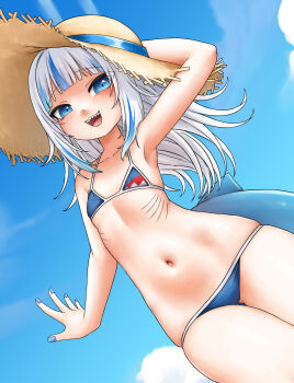 1girl armpits bikini blue_eyes blush female_focus fish_tail gawr_gura hat highres hololive hololive_english holomyth loli long_hair looking_at_viewer micro_bikini multicolored_hair navel outdoors shark_girl shark_tail sharp_teeth sky smile solo standing stomach sun_hat superfann swimsuit tail teeth thighs two-tone_hair virtual_youtuber white_hair