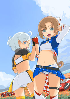 2girls ahoge akigumo_(kancolle) akigumo_kai_ni_(kancolle) akigumo_kai_ni_(race_queen)_(kancolle) ass bandeau black_thighhighs blue_eyes blue_jacket blue_skirt blue_sky brown_hair car cloud commission cropped_jacket day from_behind gloves green_eyes highres holding_hands jacket kantai_collection long_hair motor_vehicle multicolored_thighhighs multiple_girls natsugumo_(kancolle) natsugumo_(race_queen)_(kancolle) official_alternate_costume outdoors ponytail race_queen race_vehicle racecar red_gloves short_hair shorts shorts_under_skirt skeb_commission skirt sky thighhighs toplow two-tone_bandeau two-tone_skirt white_bandeau white_hair white_shorts yellow_skirt