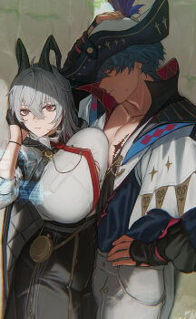 1boy 1girl ahoge artist_name black_choker black_gloves black_horns black_pants blue_hair blue_shirt brant_(wuthering_waves) breast_press breasts button_gap chest_harness choker closed_mouth collarbone collared_shirt commentary curled_horns gloves hair_between_eyes half_gloves hand_on_own_hat hand_on_own_hip hand_up harness hat high-waist_pants highres horns huge_breasts mole mole_under_eye necktie open_clothes open_shirt pants red_eyes red_necktie sadiwosan shirt short_hair sweatdrop tacet_mark_(wuthering_waves) tricorne white_pants wuthering_waves zani_(wuthering_waves)
