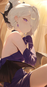 1girl absurdres blue_archive blush breasts commentary demon_girl demon_horns demon_wings dress eiyuo elbow_gloves gloves highres hina_(blue_archive) hina_(dress)_(blue_archive) horns indoors long_hair looking_at_viewer low_wings purple_dress purple_eyes purple_gloves sitting small_breasts solo white_hair wings