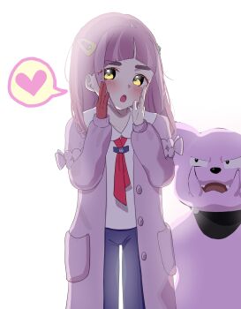 1girl :o arched_bangs blush buttons coat collared_shirt commentary_request gen_2_pokemon gloves granbull hair_ornament hands_up heart highres lacey_(pokemon) long_hair long_sleeves looking_at_viewer nintendo open_clothes open_coat open_mouth pants pokemon pokemon_(creature) pokemon_sv purple_hair red_gloves shirt single_glove spoken_heart tongue user_100sun white_background white_shirt yellow_eyes