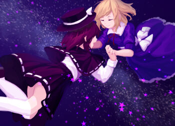 2girls black_capelet black_hat black_skirt blonde_hair bow brown_hair capelet closed_eyes closed_mouth collared_dress contrast_collar dress dress_ribbon floating frilled_dress frills furahata_gen hat hat_bow highres holding_hands long_dress long_sleeves maribel_hearn medium_hair multiple_girls no_headwear open_mouth puffy_sleeves purple_dress sash shirt short_hair skirt sleeve_cuffs smile socks space star_(sky) star_(symbol) swept_bangs touhou usami_renko white_sash white_shirt white_socks