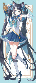 1girl absurdly_long_hair animal_ears aqua_bow aqua_bowtie aris_(blue_archive) armpits black_hair blue_archive blue_eyes blue_shoes blue_skirt bow bowtie cat_ears cat_tail commentary_request earrings elbow_gloves fake_animal_ears frilled_skirt frills full_body gloves hair_ornament hairclip halo highres holding holding_wand jewelry kneehighs long_hair looking_at_viewer magical_girl mary_janes memdic_(srs00108) one_eye_closed shirt shoes skirt sleeveless sleeveless_shirt smile socks solo standing swept_bangs tail twintails very_long_hair w wand white_gloves white_shirt white_socks