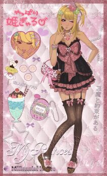 1girl agejo_gyaru animal_print artist_request bag black_thighhighs blonde_hair bow bow_legwear bracelet breasts brown_eyes chinese_commentary cleavage commentary_request commission dango earrings eyeliner eyeshadow flower food footwear_flower full_body gyaru hair_bow hair_flower hair_ornament hand_up heart heart_necklace hello_kitty hello_kitty_(character) hibiscus highres hime_gyaru jewelry kamaboko knees_together_feet_apart leopard_print long_hair looking_at_viewer makeup nail_art narutomaki necklace one_eye_closed one_side_up original parfait pink_bow platform_sandals pompompurin ribbon ring rose sandals sanrio second-party_source shoes solo star_(symbol) tan thighhighs virtual_pet_(toy) wagashi watermark white_eyeliner white_eyeshadow zettai_ryouiki