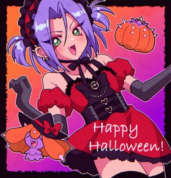 1boy apron crossdressing crossdressing_(mtf) dress fang gen_7_pokemon gloves green_eyes hair_ribbon halloween highres james_(pokemon) looking_at_viewer macchiromomomo maid maid_headdress male_focus male_maid mareanie neck_ribbon nintendo pokemon pokemon_(anime) pokemon_(classic_anime) purple_hair ribbon smile solo solo_focus team_rocket trap