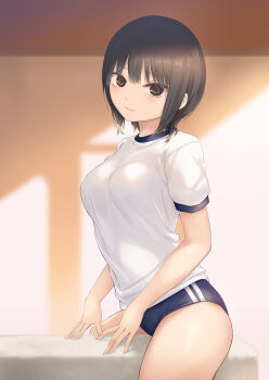 1girl aoyama_sumika black_hair blue_buruma blush breasts brown_eyes buruma coffee-kizoku gym_uniform light_smile looking_at_viewer medium_breasts original short_hair solo straddling twilight vaulting_horse