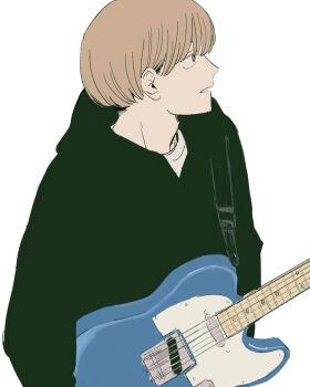 1boy black_hoodie brown_eyes brown_hair electric_guitar fender_telecaster futsuu_no_keion-bu guitar guitar_strap highres hood hoodie instrument male_focus mot_1623 parted_lips profile short_hair simple_background solo takami_kouki upper_body white_background