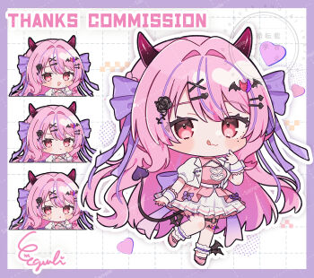 1girl :3 :d :o :q :t blush_stickers border bow chibi chibi_only closed_mouth commentary commission dot_nose egissi full_body hair_bow hair_intakes hair_ornament hairclip hand_up heart highres horns indie_virtual_youtuber jacket long_hair looking_at_viewer mayoi_kirara multiple_views no_socks o-ring o-ring_thigh_strap open_clothes open_jacket open_mouth outline outside_border parallel_hairclips pink_hair pink_shirt pink_shoes purple_border purple_bow red_eyes red_horns sample_watermark shirt shoes short-sleeved_jacket short_sleeves signature skeb_commission skirt skirt_bow smile standing standing_on_one_leg sweatdrop thigh_strap tongue tongue_out very_long_hair virtual_youtuber watermark watermark_grid white_background white_outline white_skirt wrist_cuffs x_hair_ornament