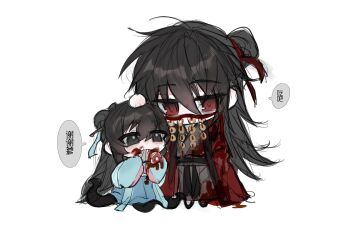 1boy 1girl :d absurdres bags_under_eyes black_eyes black_hair black_hanfu black_shoes bleeding blood blood_on_clothes blood_on_face blue_dress blue_hanfu blue_ribbon cannibalism chibi chibi_only chinese_clothes chinese_commentary chinese_text closed_mouth coat coin coin_mask colored_speech_bubble covered_mouth dao_gui_yi_xian dress eating guro hair_between_eyes hair_bun hair_ornament hair_ribbon hair_rings hair_stick half_updo hand_on_another&#039;s_head hanfu headpat highres holding holding_limb holed_coin injury li_huowang li_sui_(tentacles) long_hair long_sleeves mask missing_limb monster_girl mouth_veil open_clothes open_coat open_mouth qixiong_ruqun red_coat red_eyes red_ribbon ribbon robe severed_arm severed_limb shoes simple_background single_hair_bun sketch sleeves_past_fingers sleeves_past_wrists smile speech_bubble standing tentacles veil very_long_hair white_background wide_sleeves zhiyueziyugui