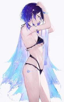 Rule 34 | 1girl, armlet, bikini, black bikini, blue hair, bracelet, breasts, earrings, genshin impact, grey background, hair ornament, highres, jewelry, looking away, medium breasts, mole, mole on breast, navel, profile, qiandaiyiyu, short hair, simple background, standing, stomach, swimsuit, tagme, thighs, underboob, wet, yelan (genshin impact)
