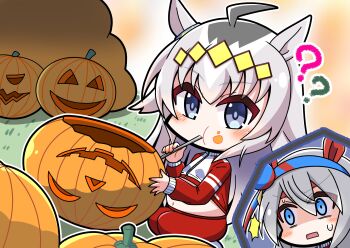 2girls absurdres ahoge animal_ears big_belly blue_eyes blue_hairband blush chibi chibi_only closed_mouth drinking drinking_straw drinking_straw_in_mouth ear_covers ear_ornament food food_on_face glutton grey_hair hair_between_eyes hair_ornament hairband headband highres horse_ears horse_girl jack-o&#039;-lantern jacket long_hair long_sleeves midriff multicolored_hair multiple_girls navel nawaneko_(ropecat3978) oguri_cap_(umamusume) open_mouth pants pumpkin red_headband red_jacket red_pants red_track_suit stomach striped_clothes striped_hairband sweatdrop tamamo_cross_(umamusume) tracen_training_uniform track_jacket track_pants track_suit umamusume very_long_hair