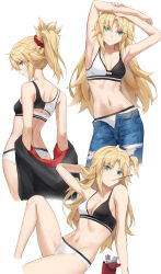 Rule 34 | 1girl, bare shoulders, bikini, blonde hair, blush, braid, breasts, collarbone, fate/apocrypha, fate (series), french braid, green eyes, hair ornament, hair scrunchie, highres, long hair, looking at viewer, mordred (fate), mordred (fate/apocrypha), multiple views, navel, parted bangs, ponytail, scrunchie, sidelocks, small breasts, smile, swimsuit, thighs, tonee