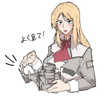 Rule 34 | 1girl, ascot, blonde hair, blue eyes, commentary request, flower, jacket, kantai collection, long hair, looking at viewer, military jacket, military uniform, nelson (kancolle), nelson kai (kancolle), red ascot, red flower, red rose, rose, simple background, sing152, solo, translation request, unworn headgear, upper body, white background