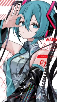 1girl aqua_eyes aqua_hair aqua_necktie aqua_trim arm_up armpit_crease audio_jack bare_shoulders black_sleeves cable closed_mouth collarbone commentary detached_sleeves english_text grey_shirt hair_between_eyes hair_ornament hatsune_miku headphones highres long_sleeves looking_at_viewer necktie number_tattoo ok_sign ok_sign_over_eye shirt shoulder_tattoo sleeveless sleeveless_shirt solo symbol-only_commentary tattoo twintails upper_body urara_31_e vocaloid watermark