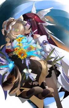 Rule 34 | automaton (object), black collar, black sleeves, blumariei, bonnet, bouquet, brown hair, closed eyes, collar, columbina (genshin impact), detached collar, detached sleeves, dress, eye mask, feathered wings, flower, gem, genshin impact, hair ornament, head wings, headdress, highres, holding, holding bouquet, mask, multicolored hair, multiple wings, petals, pink flower, purple streaks, red gem, sandrone (genshin impact), see-through clothes, see-through mask, short hair with long locks, tears, white dress, white headdress, white mask, white wings, winding key, wing hair ornament, wings, x-shaped eyewear, yellow flower