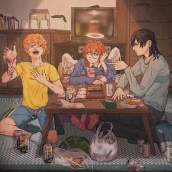 Rule 34 | 3boys, androgynous, angel devil (chainsaw man), angel wings, black hair, blonde hair, can, chainsaw man, cup, denji (chainsaw man), drink can, feathered wings, halo, hayakawa aki, highres, medium hair, multiple boys, orange eyes, orange hair, phosmic, pointing, pointing at another, sharp teeth, shirt, short hair, shorts, sitting, socks, teeth, television, wings, yellow shirt