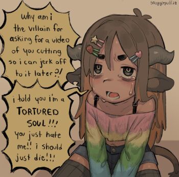 androgynous animal_ears brown_hair child cow_ears cow_horns cow_tail crop_top crying crying_with_eyes_open dark_skin denim denim_shorts food-themed_hair_ornament hair_ornament hairclip heart heart_hair_ornament highres horns implied_masturbation implied_self-harm long_hair lower_teeth_only open_mouth original shorts snugglepuff28 star_(symbol) star_hair_ornament strawberry_hair_ornament tail tallow_(snugglepuff28) tears teeth tongue