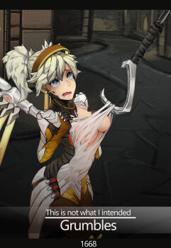 1girl absurdres blonde_hair blue_eyes breasts gameplay_mechanics highres hook medium_breasts mercy_(overwatch) out_of_frame overwatch overwatch_1 pantyhose perverted_utility roadhog_(overwatch) shayu_chuan torn_clothes