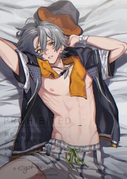 1boy abs arm_behind_head arms_up artist_name blanket blue_wetsuit bracelet bucket_hat collarbone commentary_request cowboy_shot egokihcomo fish_hat green_eyes grey_hair hair_between_eyes hat jewelry looking_at_viewer lying male_focus navel necklace on_back parted_lips short_hair shorts solo towel towel_around_neck unworn_hat unworn_headwear unzipped watermark white_shorts wise_(peaceful_waves)_(zenless_zone_zero) wise_(zenless_zone_zero) zenless_zone_zero zipper