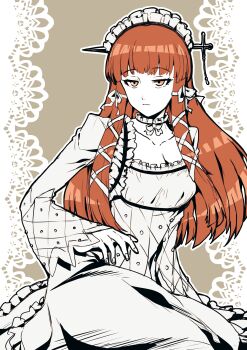 1girl absurdres blunt_bangs blunt_ends breasts brown_background choker cleavage commentary_request dress frilled_choker frilled_hairband frills gothic_lolita hair_ribbon hairband highres jitome lolita_fashion lolita_hairband medium_breasts object_through_head orange_eyes otyumamii partially_colored persona persona_3 red_hair ribbon sketch solo sword_in_head white_ribbon yoshino_chidori