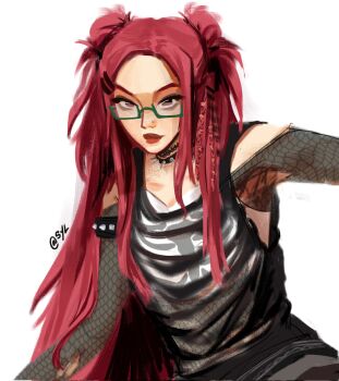 1girl closed_mouth collar commentary double_bun english_commentary eyeshadow glasses hair_bun highres kpop_demon_hunters long_hair makeup mira_(kpop_demon_hunters) pink_hair red_lips shirt simple_background solo spiked_collar spikes sylairaa torn_cloth white_background