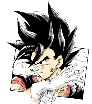 1boy black_hair black_shirt dougi dragon_ball dragonball_z earrings fenyon highres jewelry limited_palette male_focus muscular muscular_male orange_shirt potara_earrings shirt smirk solo spiked_hair upper_body vegetto