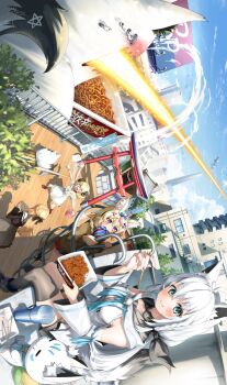 4girls @_@ afterimage ahoge animal_ear_fluff animal_ears beam black_thighhighs blonde_hair blue_bow blue_eyes blush bow brown_shirt brown_sweater building chopsticks city closed_mouth day detached_sleeves eating elf fox_ears fox_tail fubuzilla_(shirakami_fubuki) grey_skirt hair_between_eyes hair_bow hair_ornament highres holding holding_chopsticks hololive horns kito_koruta long_hair long_sleeves miniskirt miteiru_(shirakami_fubuki) mouth_hold multicolored_hair multiple_girls omaru_polka omaru_polka_(school_uniform) open_mouth pink_hair pointy_ears purple_eyes red_socks sailor_collar sheep_horns shirakami_fubuki shiranui_flare shirt short_sleeves sideways single_thighhigh sitting skirt smile socks streaked_hair sukonbu_(shirakami_fubuki) sweater tail thighhighs torii tsunomaki_watame tsunomaki_watame_(street_casual) very_long_hair virtual_youtuber white_hair white_sailor_collar white_skirt wooden_floor x_hair_ornament