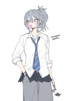 1girl blowing_bubble_gum blue_eyes blue_necktie character_name chewing_gum cowboy_shot diagonal-striped_clothes diagonal-striped_necktie double-parted_bangs ear_piercing grey_hair grey_pants haimiya_mio_(kamiyama_sumu) hair_between_eyes hand_in_pocket highres kamiyama_sumu looking_to_the_side mole mole_under_eye necktie original pants piercing shirt short_hair simple_background sleeves_rolled_up solo striped_clothes white_background white_shirt