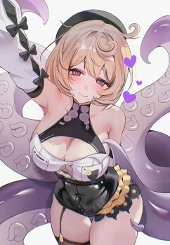 1girl absurdres arm_up bare_shoulders beret black_hat blonde_hair breasts cleavage closed_mouth commentary detached_sleeves garter_straps hat heart highres large_breasts long_sleeves looking_at_viewer mole mole_under_mouth purple_eyes short_hair simple_background single_garter_strap smile solo tentacle_girl tentacle_tail tentacles thighs white_background yidhari_murphy zenless_zone_zero zije