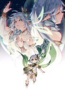 2girls arm_up artist_name bloomers blush bracelet braid cape closed_eyes closed_mouth commentary cross-shaped_pupils detached_sleeves dress english_commentary eyelashes feet floating_hair genshin_impact glitch gold_bracelet gold_trim gradient_background gradient_hair green_cape green_eyes green_hair green_sleeves hair_between_eyes hair_ornament hand_up instagram_logo jewelry leaf_hair_ornament long_hair looking_at_viewer multicolored_hair multiple_girls nahida_(genshin_impact) neck_ring open_mouth pointy_ears rukkhadevata_(genshin_impact) short_sleeves side_braid side_ponytail sidelocks single_braid sleeveless sleeveless_dress smile soulc1ty strapless strapless_dress streaked_hair symbol-shaped_pupils teeth toes twitter_logo underwear upper_body upper_teeth_only very_long_hair white_background white_bloomers white_dress white_hair white_sleeves