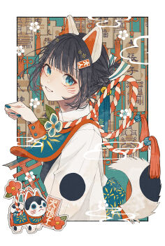 1girl animal_ears black_border black_hair blue_nails blunt_bangs border buttons commentary_request dog_ears dog_tail fake_animal_ears flower green_eyes green_nails hair_ornament highres inu-hariko long_sleeves looking_at_viewer nail_polish original outside_border shira_mame93 shirt shrine smile solo tail tassel torii upper_body white_shirt