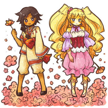 2girls 567 ankle_lace-up bare_shoulders bindi black_hair blonde_hair blue_eyes blush capri_pants dark-skinned_female dark_skin earrings facial_mark flower flower_flower forehead_mark jewelry long_hair multiple_girls nina_(flower_flower) pants purple_eyes shuurei_(flower_flower) smile very_long_hair