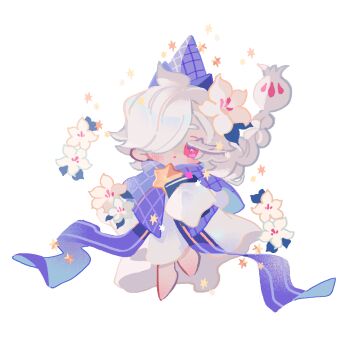 Rule 34 | 1girl, aged down, barefoot, braid, braided ponytail, brooch, capelet, chibi, chibi only, closed mouth, colored eyelashes, commentary, cookie run, cookie run: kingdom, film grain, floating hair, flower, food-themed hat, full body, hair over one eye, hat, highres, humanization, jewelry, leaf, long hair, long sleeves, official alternate costume, one eye covered, pink eyes, purple capelet, purple hat, reed, robe, simple background, single braid, sleeves past fingers, sleeves past wrists, solo, star (symbol), star brooch, star symbol background, symbol-only commentary, very long hair, white background, white eyelashes, white flower, white hair, white lily, white lily cookie, white robe, wizard hat