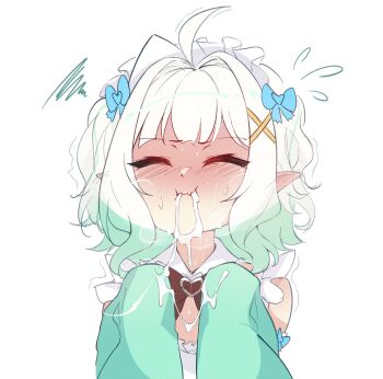 1boy ahoge blue_bow bow closed_eyes closed_mouth commentary cum cum_in_mouth cum_on_body densetsu.exe dress english_commentary facial flying_sweatdrops green_dress green_hair hair_bow highres long_hair long_sleeves mint_fantome multicolored_hair ricegnat sleeves_past_fingers sleeves_past_wrists solo virtual_youtuber white_background white_hair