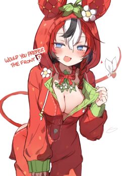 1girl animal_ears black_hair blue_eyes blush bow bowtie breasts cleavage drawstring english_text flower food fruit hakos_baelz hakos_baelz_(strawberry_onesie) heart highres hololive hololive_english hood hood_up hooded_pajamas large_breasts long_sleeves mistletoe mouse_ears mouse_girl mouse_tail multicolored_hair open_clothes open_mouth orobou pajamas red_bow red_bowtie red_hair red_pajamas simple_background strawberry streaked_hair tail tail_ornament virtual_youtuber white_background white_flower white_hair
