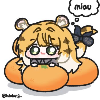 1girl :3 animal_ears blush chibi food fruit green_eyes highres ju_fufu lulalang mini_person minigirl orange_(fruit) solo speech_bubble tail thought_bubble tiger_ears tiger_girl tiger_tail zenless_zone_zero