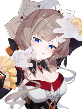 1girl :t arm_up bare_shoulders blue_eyes breasts brown_hair cleavage detached_sleeves genshin_impact gloves headdress highres long_hair long_sleeves looking_at_viewer okashieeeeeee pout sandrone_(genshin_impact) simple_background solo upper_body white_background white_gloves