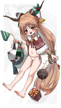 1girl absurdres barefoot bell blush bow box braid brown_eyes brown_hair brown_horns commentary_request full_body gift gift_box gourd hair_bow highres holly horn_bell horns ibuki_suika kourou_(kouroukun) long_hair looking_at_viewer navel open_mouth panties pinecone side-tie_panties side_braid single_braid smile solo star_(symbol) striped_bow touhou underwear very_long_hair white_background white_panties