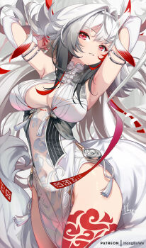 1girl animal_ears armlet armpits arms_up breasts china_dress chinese_clothes commentary_request covered_navel dress droopy_ears fox_ears fox_girl fox_tail grin hairband highres hong_(white_spider) jewelry large_breasts leg_tattoo long_hair looking_at_viewer multicolored_hair pelvic_curtain red_eyes red_hair silver_armlet smile solo streaked_hair tail tattoo thighs white_dress white_hair white_hairband ye_shunguang zenless_zone_zero