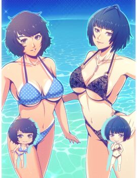 2girls bikini bikini_tan black_bikini black_hair blue_bikini blue_sky breasts brown_eyes cleavage closed_mouth collarbone corner50777313 cowboy_shot deformed floral_print floral_print_bikini full_body highleg highleg_bikini highres jewelry kawakami_sadayo large_breasts looking_at_viewer medium_breasts multiple_girls multiple_views navel necklace o-ring o-ring_bikini o-ring_bottom o-ring_top ocean open_mouth outdoors persona persona_5 polka_dot polka_dot_bikini print_bikini short_hair sky smile standing stomach swimsuit takemi_tae tan tanline teeth thighs underboob