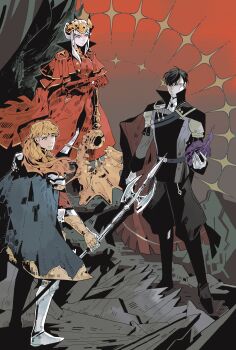 Rule 34 | 1girl, 2boys, absurdres, armored boots, axe, aymr (fire emblem), battle axe, black coat, black hair, black pants, blue capelet, boots, capelet, coat, commentary, double bun, dress, edelgard von hresvelg, edelgard von hresvelg (timeskip), english commentary, fake horns, ferdinand von aegir, ferdinand von aegir (timeskip), fire, fire emblem, fire emblem: three houses, full body, gloves, hair between eyes, hair bun, hair over one eye, hair up, headpiece, highres, holding, holding axe, holding polearm, holding weapon, horns, hubert von vestra, hubert von vestra (timeskip), lance, long hair, long sleeves, looking to the side, looking up, moogyoza, multiple boys, nintendo, orange eyes, orange hair, pants, polearm, purple eyes, red background, red dress, standing, star (symbol), wavy hair, weapon, white gloves, white hair
