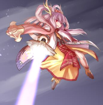 Rule 34 | 1girl, black shoes, bow, dress, emil chronicle online, energy beam, evil smile, feather fan, flying, hagoromo, hair bobbles, hair ornament, hair rings, jacket, japanese clothes, kasuga yukihito, kirin (eco), long hair, low-tied sidelocks, open mouth, pink hair, red bow, red eyes, shawl, shoes, sidelocks, smile, solo, white jacket, yellow dress