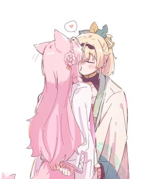 2girls animal_ears black_hairband blonde_hair blush braid braided_bun chest_sarashi closed_mouth coat commentary crown_braid hair_between_eyes hair_bun hair_ornament hairband hakui_koyori hakui_koyori_(1st_costume) hateyo heart highres hololive implied_kiss kazama_iroha kazama_iroha_(1st_costume) lab_coat leaf_hair_ornament long_hair multiple_girls pink_hair pink_nails pink_tail ponytail sarashi short_hair simple_background spoken_heart tail tail_wagging untranslatable_commentary upper_body virtual_youtuber white_background white_coat wolf_ears wolf_girl wolf_tail yuri