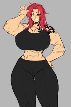 1girl 2022 abs arm_tattoo arm_up black_choker black_pants black_shirt breasts choker claw_pose cleavage commentary cowboy_shot crop_top english_commentary eyebrows_hidden_by_hair female_focus flexing grey_background grin half-closed_eyes hand_on_own_hip huge_breasts legs_apart looking_at_viewer lyuka messy_hair midriff muscular muscular_arms muscular_female narrow_waist original pants parted_bangs raine_(lyukaart) red_hair shirt smile smug solo standing straight-on tattoo thick_thighs thighs tight_clothes tight_pants toned toned_female unfinished wide_hips yellow_eyes