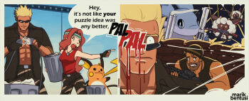 1boy 1girl :3 abs ak-47 anime_coloring arm_up artist_name assault_rifle backlighting bare_shoulders belt blonde_hair blood blue_eyes blush_stickers border breast_pocket breasts bright_pupils cable camouflage camouflage_pants chillet clenched_teeth closed_mouth collared_shirt comic crossover dog_tags dual_wielding electric_plug electricity english_text explosion female_vermillion_gym_trainer fingerless_gloves flashback gen_1_pokemon gloves green_headband green_pants green_shirt green_vest gun hair_intakes handgun happy headband helmet highres holding holding_cable holding_gun holding_trash_can holding_weapon indoors jewelry kalashnikov_rifle lamball long_hair looking_at_viewer looking_over_eyewear machine_gun marik_bentusi medium_breasts multiple_views muscular muscular_male necklace nervous nintendo open_clothes open_mouth open_shirt outstretched_arm palworld pants pocket pointing pokemon pokemon_(anime) pokemon_(classic_anime) pokemon_(creature) ptsd raichu red_hair red_shirt revolver rifle rimless_eyewear sandbag scared shirt shirt_tucked_in short_hair sleeveless sleeveless_shirt smile smoke smoking_barrel soldier speech_bubble spiked_hair sunglasses surge_(pokemon) sweat talking teeth trash_can two-handed vest war watermark weapon white_border white_pupils yellow_eyes