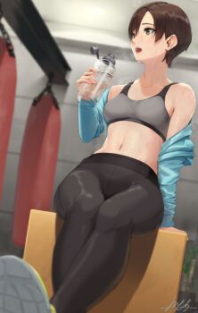 1girl arm_support bare_shoulders blue_jacket blurry bottle breasts brown_eyes brown_hair collarbone depth_of_field fitness_boxing grey_sports_bra gym high-waist_pants highres holding holding_bottle indoors jacket legs looking_to_the_side meso-meso midriff navel off_shoulder open_mouth original pants punching_bag short_hair signature sitting small_breasts solo sports_bra sweat tight_clothes tight_pants water_bottle yoga_pants