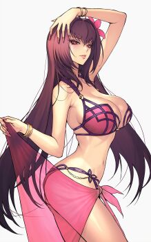 Rule 34 | 1girl, absurdres, arm up, bare shoulders, bikini, blush, bracelet, breasts, cleavage, fate/grand order, fate (series), flower, hair between eyes, hair flower, hair ornament, hibiscus, highres, jewelry, large breasts, long hair, looking at viewer, navel, purple bikini, purple hair, red eyes, rioliogiz, sarong, scathach (fate), scathach (fate/grand order), scathach (swimsuit assassin) (fate), solo, swimsuit, thighs