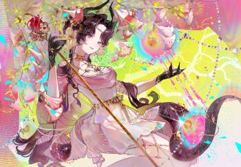 Rule 34 | 1girl, absurdres, anjo nala, anjo nala (forbidden fruit), armlet, bare shoulders, black gloves, black hair, black horns, chinese commentary, commentary request, cowboy shot, curtained hair, dress, fingernails, flower, gloves, gold armlet, gold choker, gold thighlet, hair flower, hair ornament, hair over shoulder, hand up, head tilt, highres, holding, holding pole, horns, jewelry, long hair, long tail, looking at viewer, official alternate costume, outstretched hand, pink dress, pink eyes, pole, reverse:1999, sharp fingernails, shechuguaguabagaban, sleeveless, sleeveless dress, solo, tail, thighlet